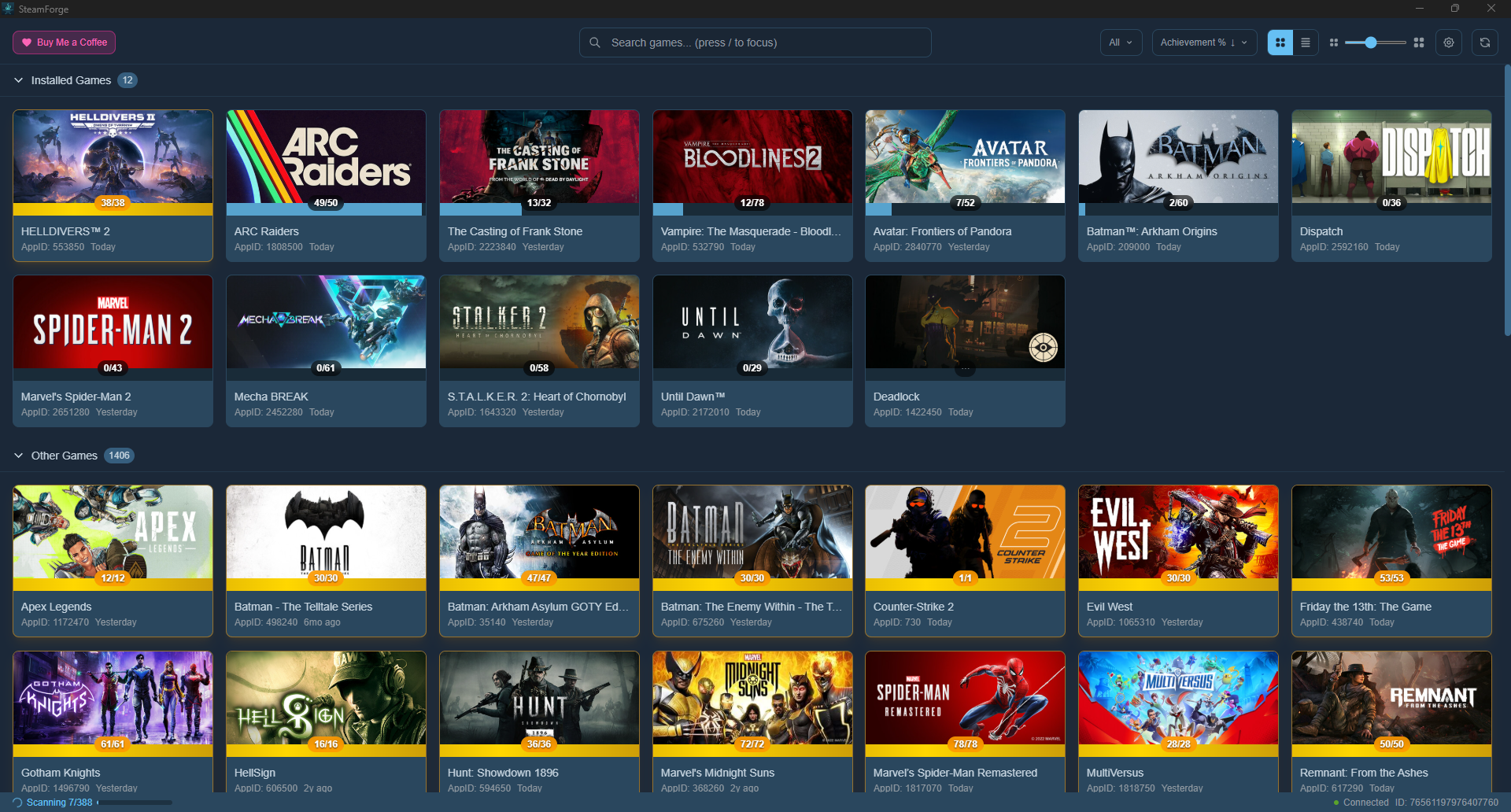 SteamForge showing a Steam game library with achievement statistics and completion rates